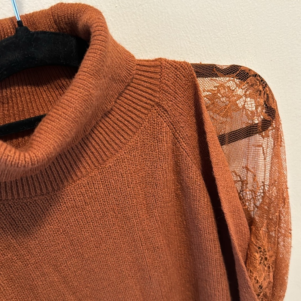 Elegant Brown Turtleneck Sweater with Lace Sleeves - Picture 2 of 4